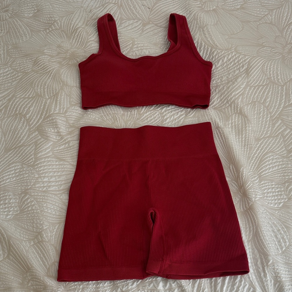 Red Ribbed Two-Piece Set, Medium, Brand New, Work Out, Burgundy